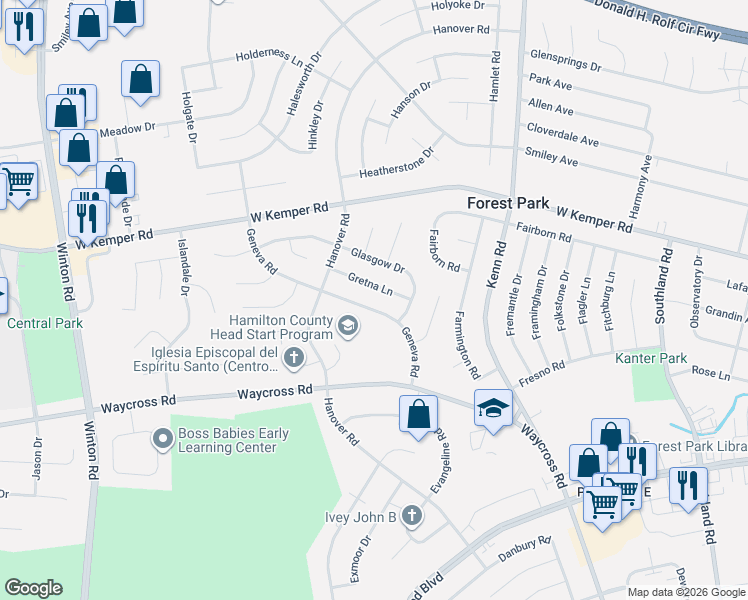 map of restaurants, bars, coffee shops, grocery stores, and more near 11445 Geneva Road in Cincinnati