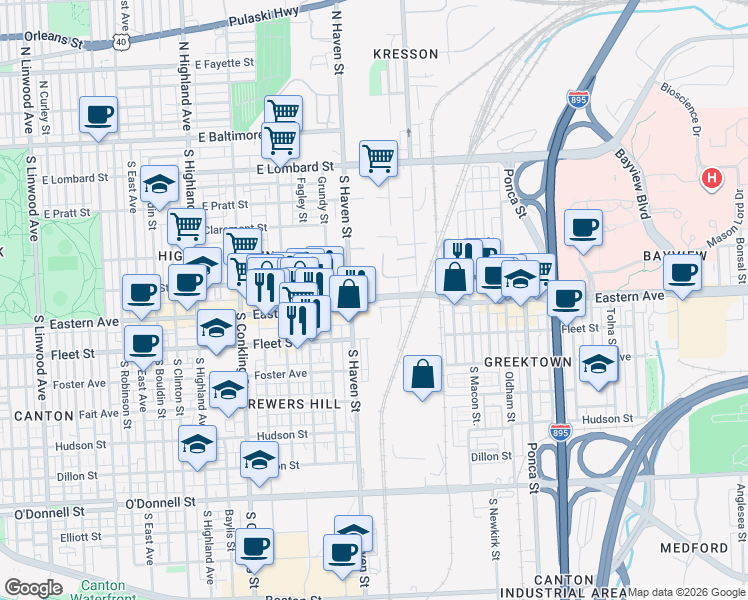 map of restaurants, bars, coffee shops, grocery stores, and more near 4315 Eastern Avenue in Baltimore