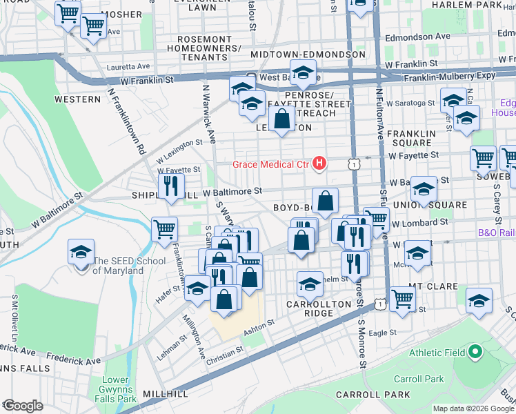 map of restaurants, bars, coffee shops, grocery stores, and more near 32 South Calverton Road in Baltimore