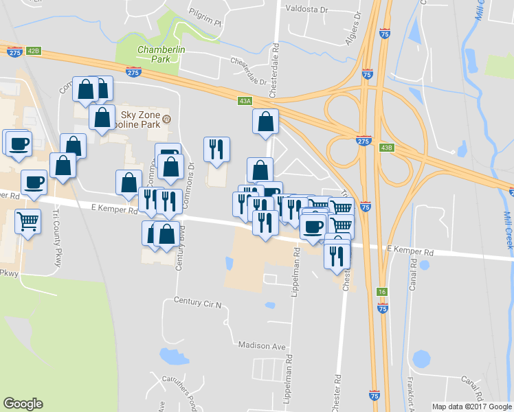 map of restaurants, bars, coffee shops, grocery stores, and more near 11645 Chesterdale Road in Cincinnati