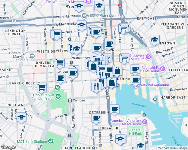 map of restaurants, bars, coffee shops, grocery stores, and more near 100 South Charles Street in Baltimore