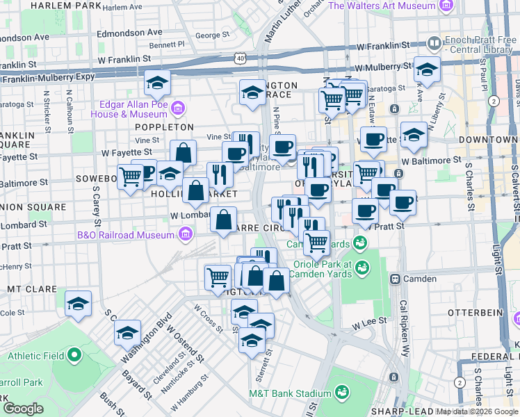 map of restaurants, bars, coffee shops, grocery stores, and more near S Martin Luther King Jr Blvd & W Lombard St in Baltimore