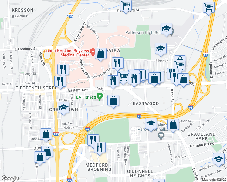 map of restaurants, bars, coffee shops, grocery stores, and more near 5901 Eastern Avenue in Baltimore