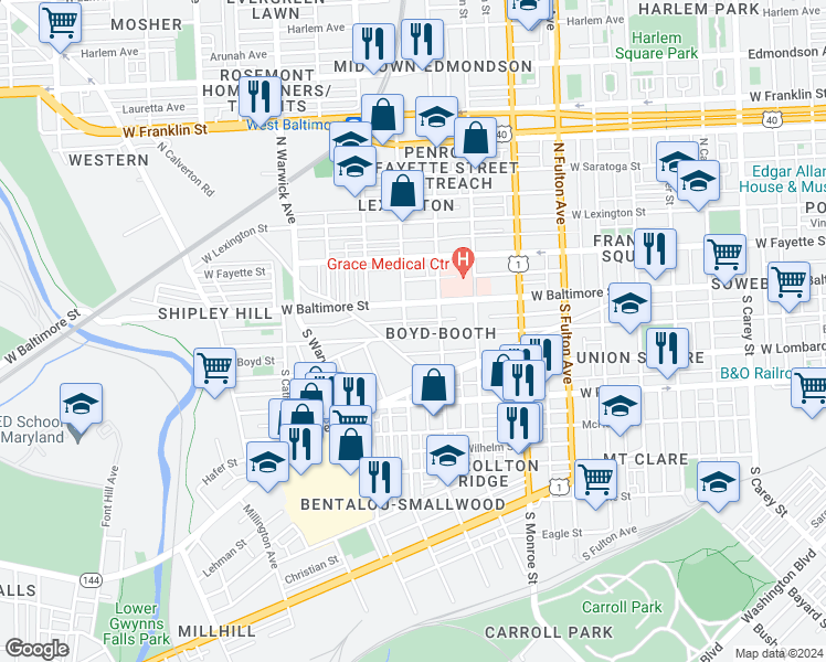 map of restaurants, bars, coffee shops, grocery stores, and more near 2138 Hollins Street in Baltimore