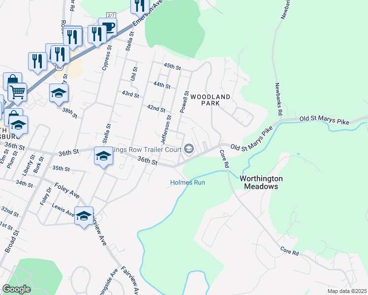 map of restaurants, bars, coffee shops, grocery stores, and more near 3601-3607 Rollins St in Parkersburg