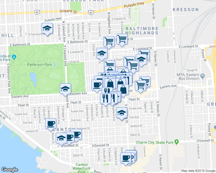 map of restaurants, bars, coffee shops, grocery stores, and more near 415 South Clinton Street in Baltimore