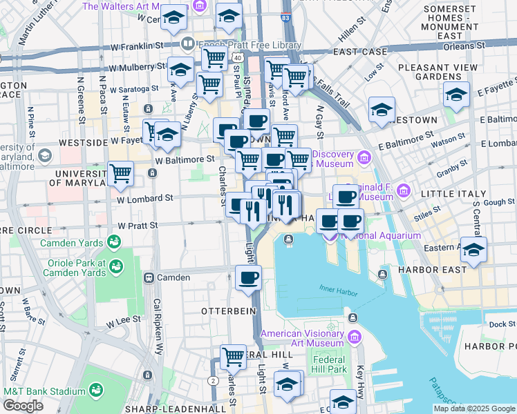 map of restaurants, bars, coffee shops, grocery stores, and more near 100 East Pratt Street in Baltimore