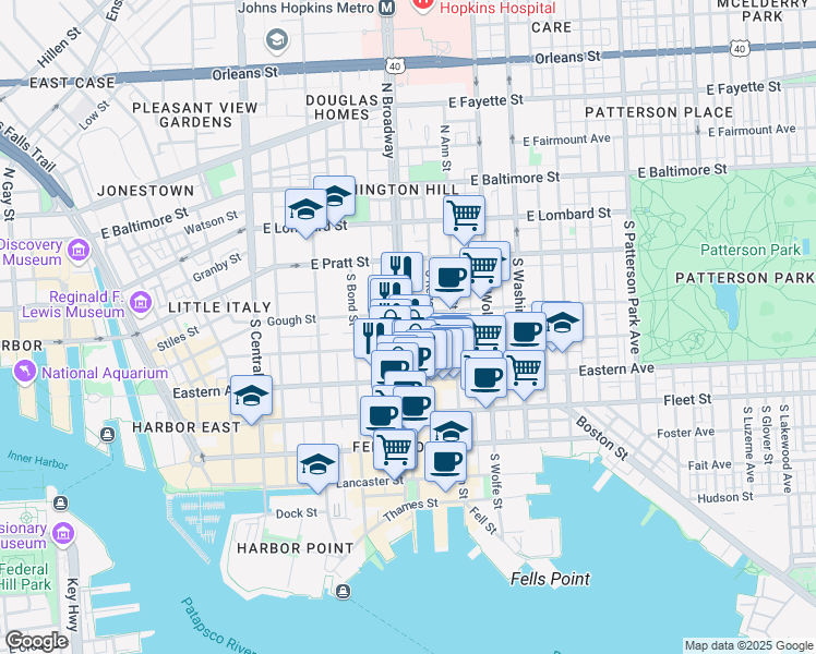 map of restaurants, bars, coffee shops, grocery stores, and more near 313 South Broadway in Baltimore