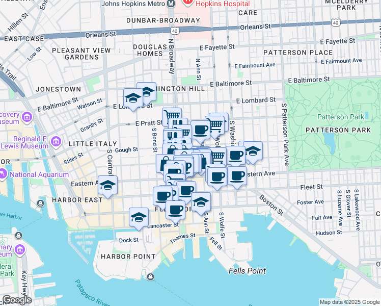 map of restaurants, bars, coffee shops, grocery stores, and more near 310 South Regester Street in Baltimore