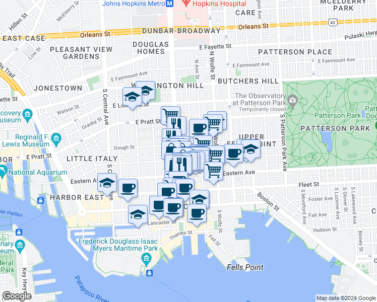map of restaurants, bars, coffee shops, grocery stores, and more near 310 South Regester Street in Baltimore