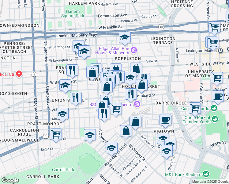 map of restaurants, bars, coffee shops, grocery stores, and more near 1115 Hollins Street in Baltimore