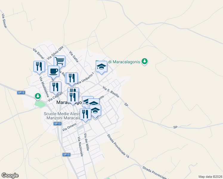 map of restaurants, bars, coffee shops, grocery stores, and more near 16 Via Minervini in Maracalagonis