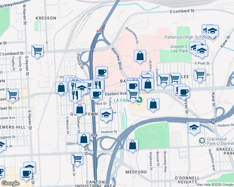 map of restaurants, bars, coffee shops, grocery stores, and more near Eastern Ave & S Umbra St in Baltimore