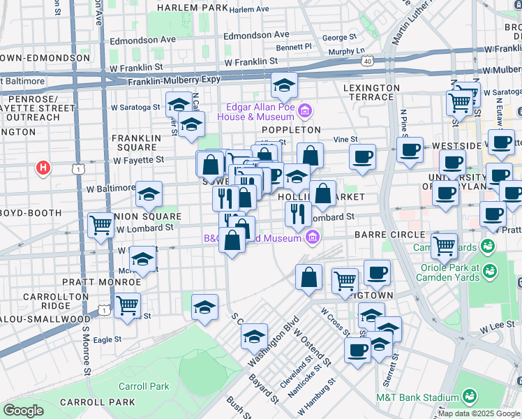 map of restaurants, bars, coffee shops, grocery stores, and more near 1115 Hollins Street in Baltimore
