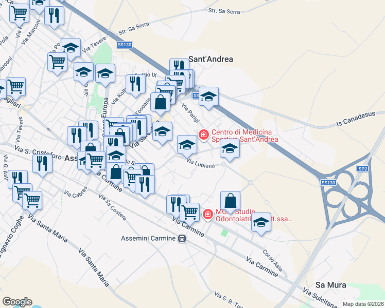 map of restaurants, bars, coffee shops, grocery stores, and more near 25 Via Oslo in Assemini
