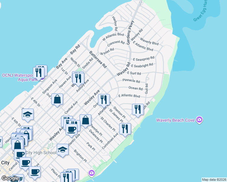map of restaurants, bars, coffee shops, grocery stores, and more near 625 Laurel Road in Ocean City