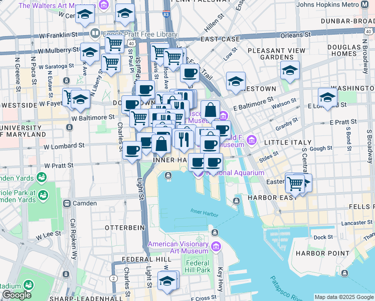 map of restaurants, bars, coffee shops, grocery stores, and more near 400 East Pratt Street in Baltimore