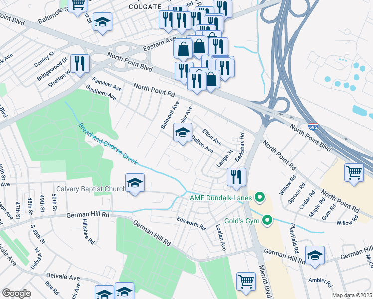 map of restaurants, bars, coffee shops, grocery stores, and more near 7431 Poplar Avenue in Baltimore
