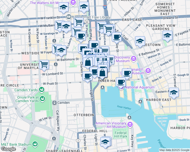 map of restaurants, bars, coffee shops, grocery stores, and more near 100 East Pratt Street in Baltimore