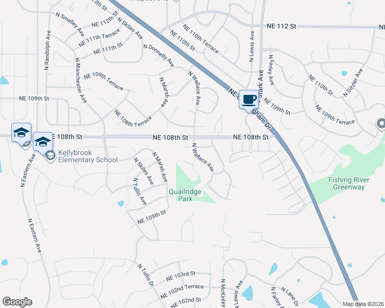 map of restaurants, bars, coffee shops, grocery stores, and more near 10719 North Wallace Avenue in Kansas City