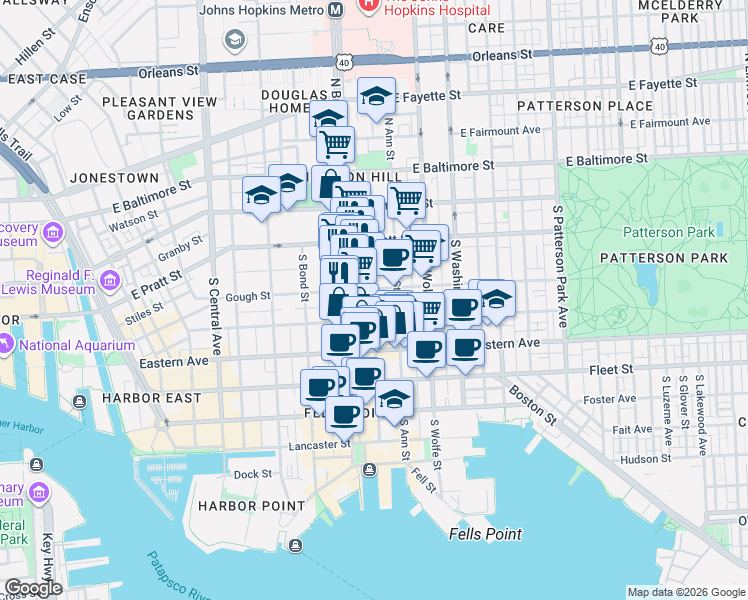 map of restaurants, bars, coffee shops, grocery stores, and more near 306 South Regester Street in Baltimore