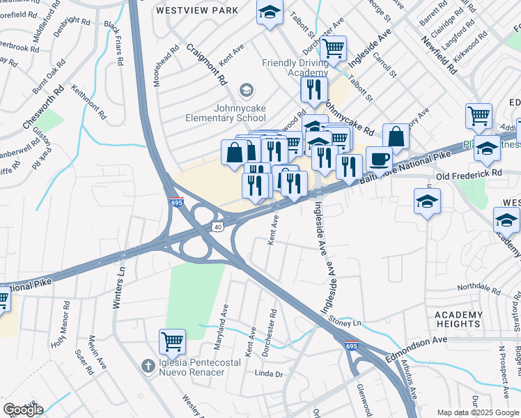 map of restaurants, bars, coffee shops, grocery stores, and more near 5860 Baltimore National Pike in Catonsville