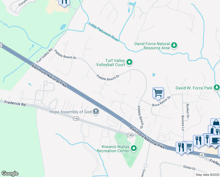 map of restaurants, bars, coffee shops, grocery stores, and more near 2915 Timber Trails Court in Ellicott City