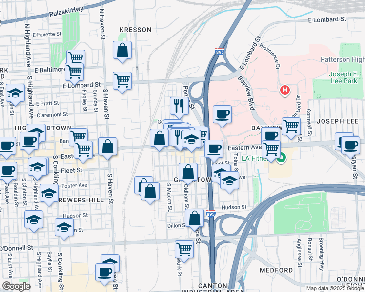 map of restaurants, bars, coffee shops, grocery stores, and more near 4718 Eastern Avenue in Baltimore