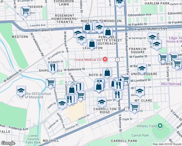 map of restaurants, bars, coffee shops, grocery stores, and more near 12 South Smallwood Street in Baltimore