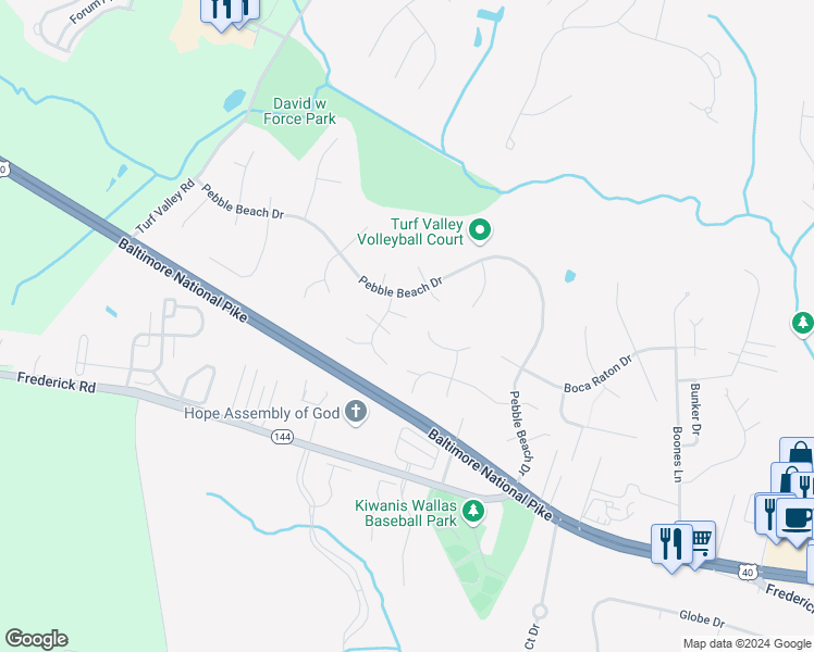 map of restaurants, bars, coffee shops, grocery stores, and more near 2915 Timber Trails Court in Ellicott City