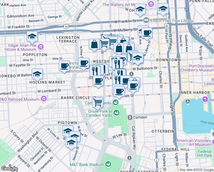map of restaurants, bars, coffee shops, grocery stores, and more near 522 West Lombard Street in Baltimore