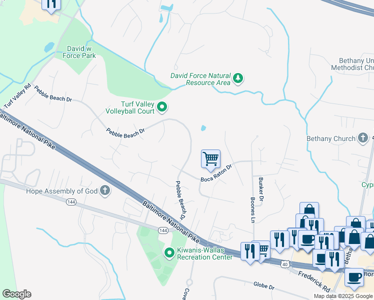 map of restaurants, bars, coffee shops, grocery stores, and more near 3034 Pebble Beach Drive in Ellicott City