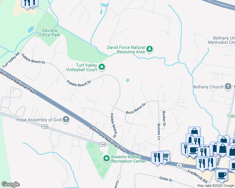 map of restaurants, bars, coffee shops, grocery stores, and more near 3034 Pebble Beach Drive in Ellicott City
