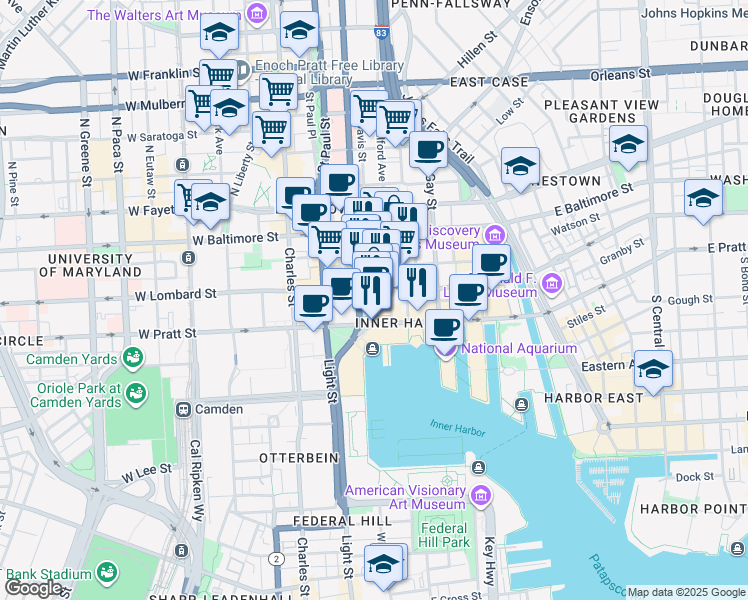 map of restaurants, bars, coffee shops, grocery stores, and more near 111 South Calvert Street in Baltimore