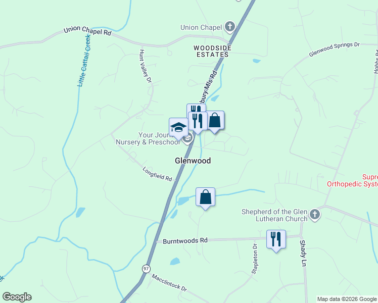 map of restaurants, bars, coffee shops, grocery stores, and more near 3060 Maryland 97 in Glenwood