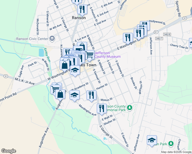 map of restaurants, bars, coffee shops, grocery stores, and more near 312 South Samuel Street in Charles Town