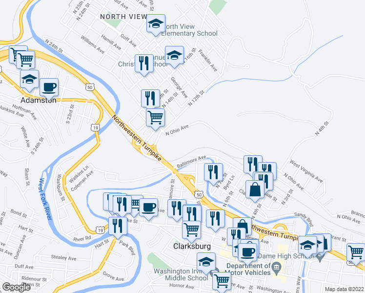 map of restaurants, bars, coffee shops, grocery stores, and more near 568 Baltimore Avenue in Clarksburg