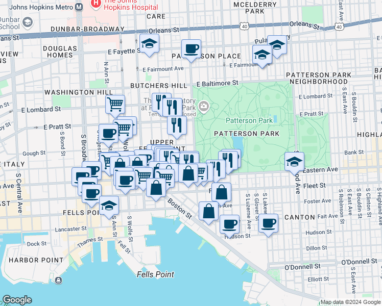 map of restaurants, bars, coffee shops, grocery stores, and more near 322 South Patterson Park Avenue in Baltimore