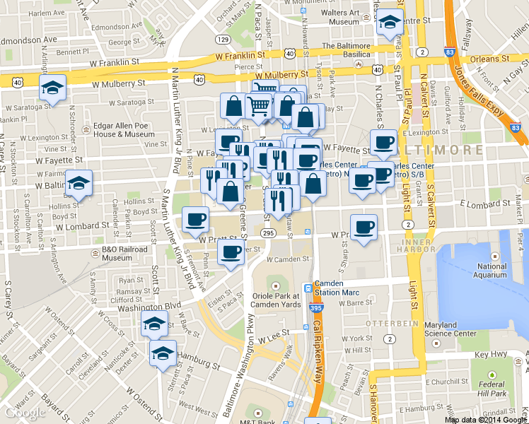 map of restaurants, bars, coffee shops, grocery stores, and more near 511 West Lombard Street in Baltimore