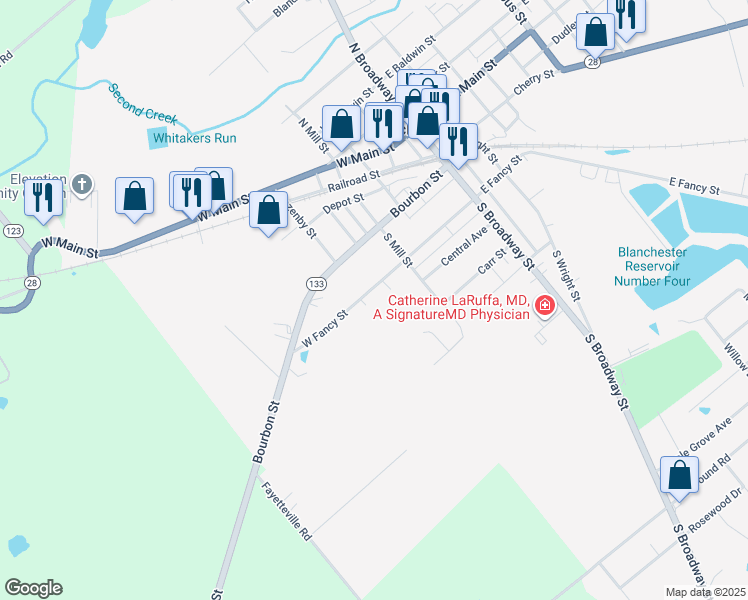 map of restaurants, bars, coffee shops, grocery stores, and more near 232 West Fancy Street in Blanchester