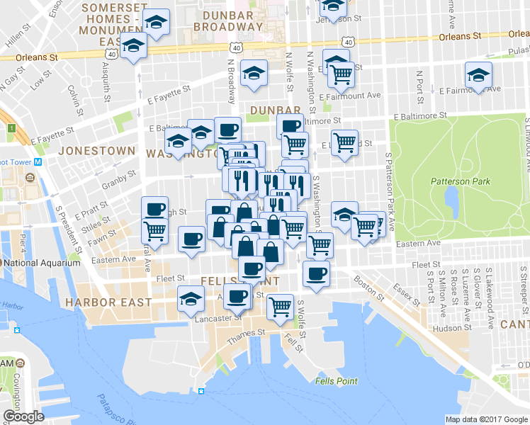 map of restaurants, bars, coffee shops, grocery stores, and more near 1729 Gough St in Baltimore