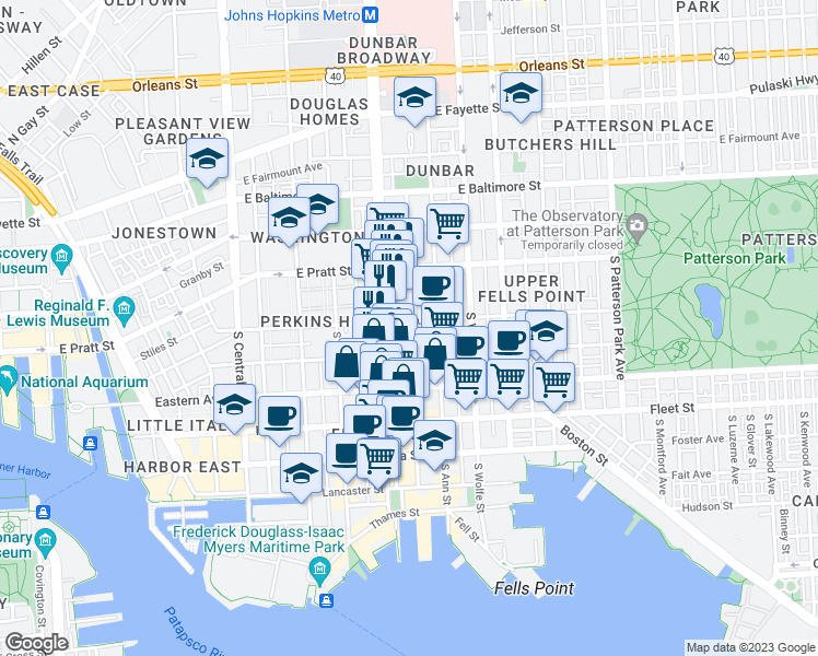 map of restaurants, bars, coffee shops, grocery stores, and more near 1713 Gough Street in Baltimore