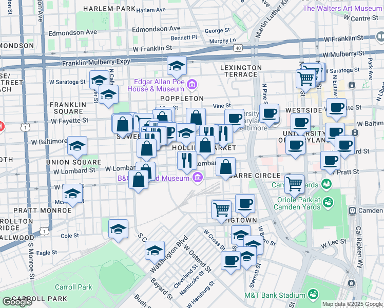 map of restaurants, bars, coffee shops, grocery stores, and more near 31 South Schroeder Street in Baltimore