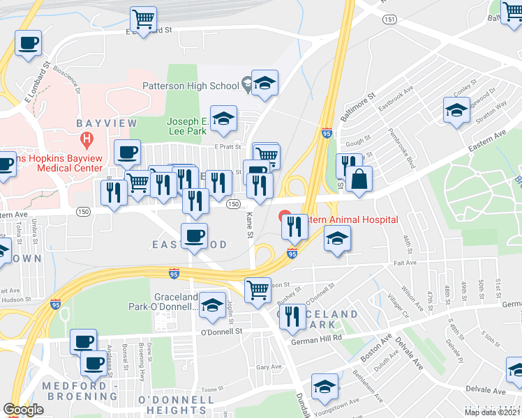 map of restaurants, bars, coffee shops, grocery stores, and more near 6501 Eastern Avenue in Baltimore