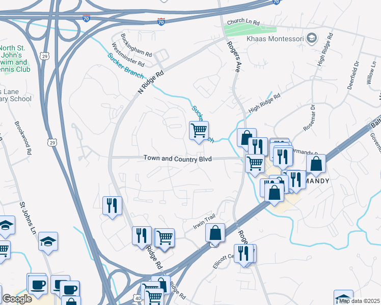 map of restaurants, bars, coffee shops, grocery stores, and more near 8732 Town and Country Boulevard in Ellicott City