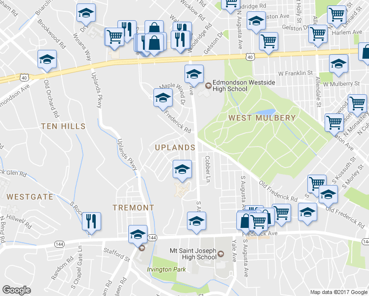 map of restaurants, bars, coffee shops, grocery stores, and more near 99 Upmanor Road in Baltimore