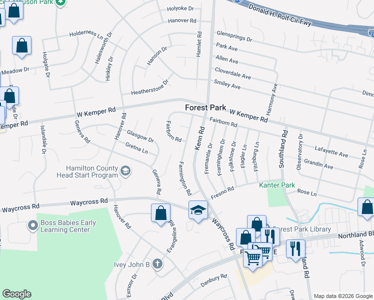 map of restaurants, bars, coffee shops, grocery stores, and more near 11500 Farmington Road in Cincinnati