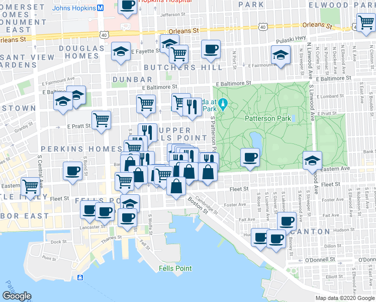 map of restaurants, bars, coffee shops, grocery stores, and more near 310 South Duncan Street in Baltimore