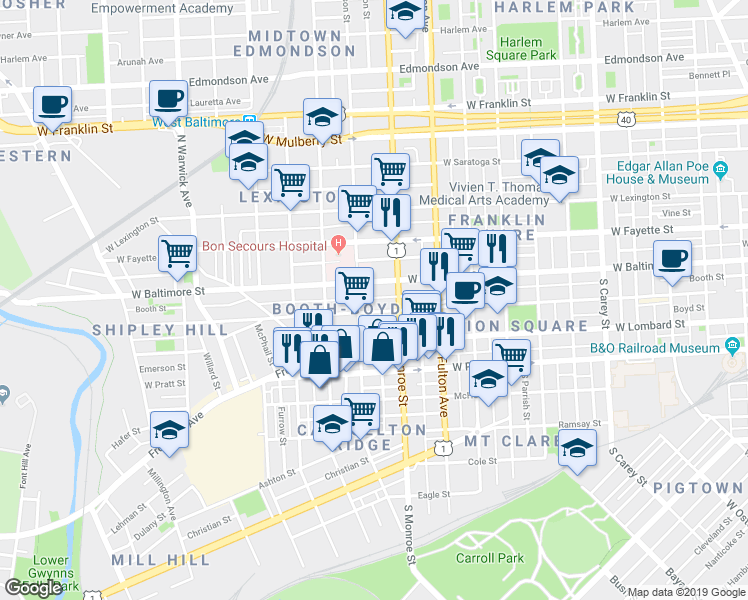 map of restaurants, bars, coffee shops, grocery stores, and more near 1937 Booth Street in Baltimore