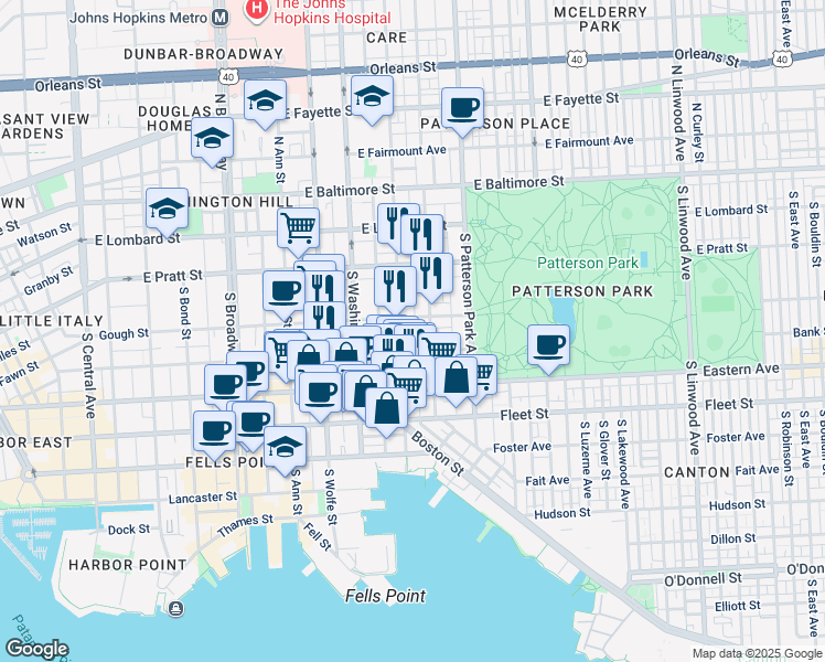 map of restaurants, bars, coffee shops, grocery stores, and more near 310 South Duncan Street in Baltimore